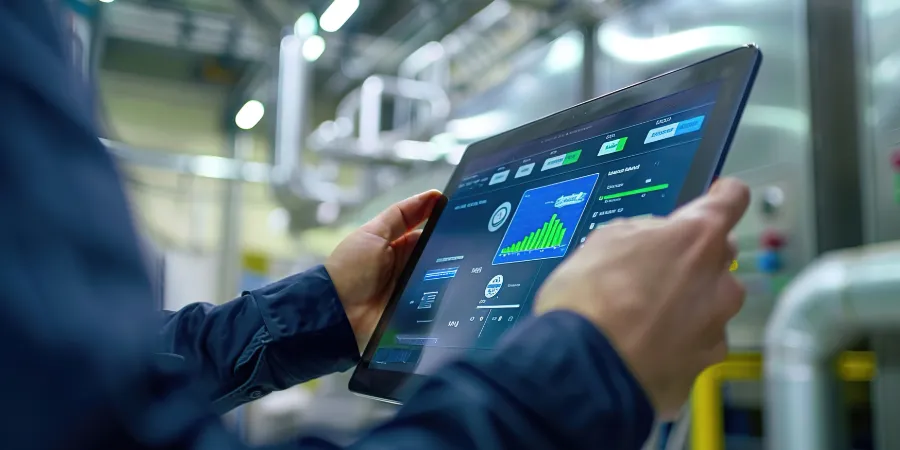 Facility manager monitoring smart building controls on touchscreen